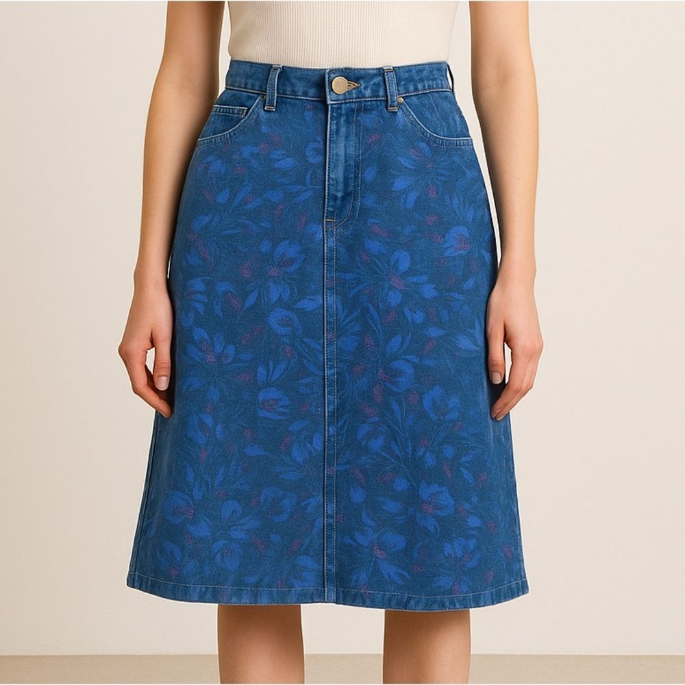 Vintage Lee Denim Skirt Size Small High Waist Floral Print Midi USA Made Blue
